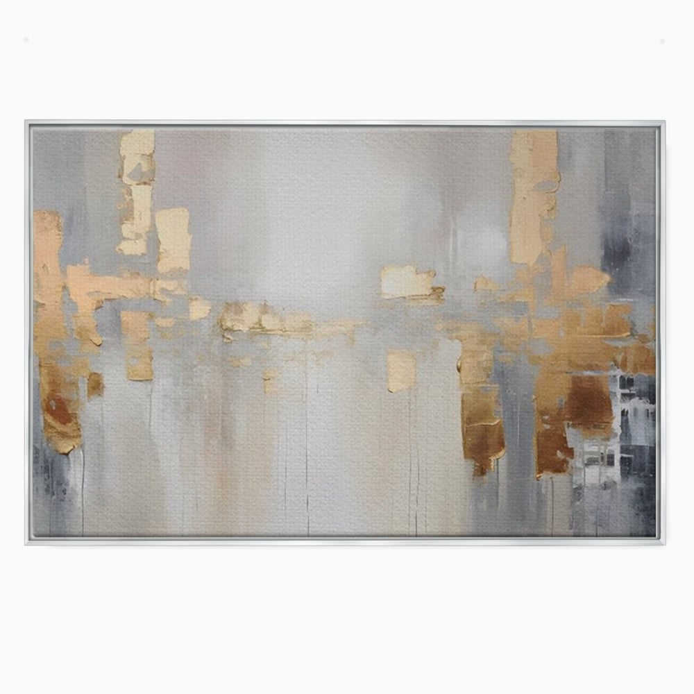 Tablou canvas cu pictura abstracta cu pete aurii si gri, in rama de aluminiu argintiu