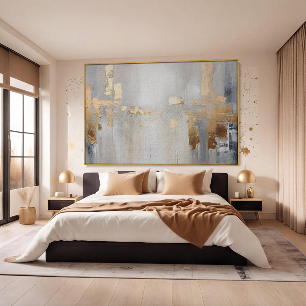 Tablou canvas cu pictura abstracta cu pete aurii si gri, in rama de aluminiu auriu, pe perete intr-un dormitor