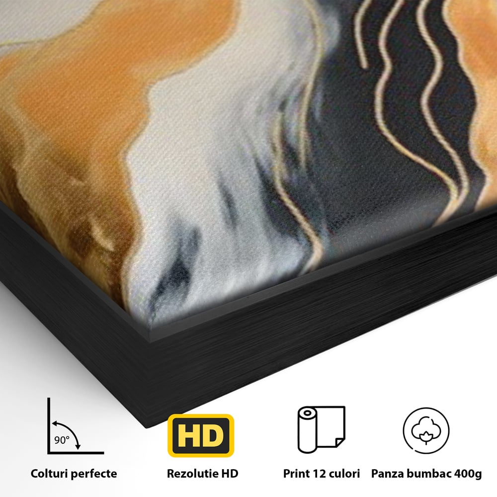 Detaliu al suprafetei: pictura abstracta cu valuri aurii, in rama de aluminiu negru