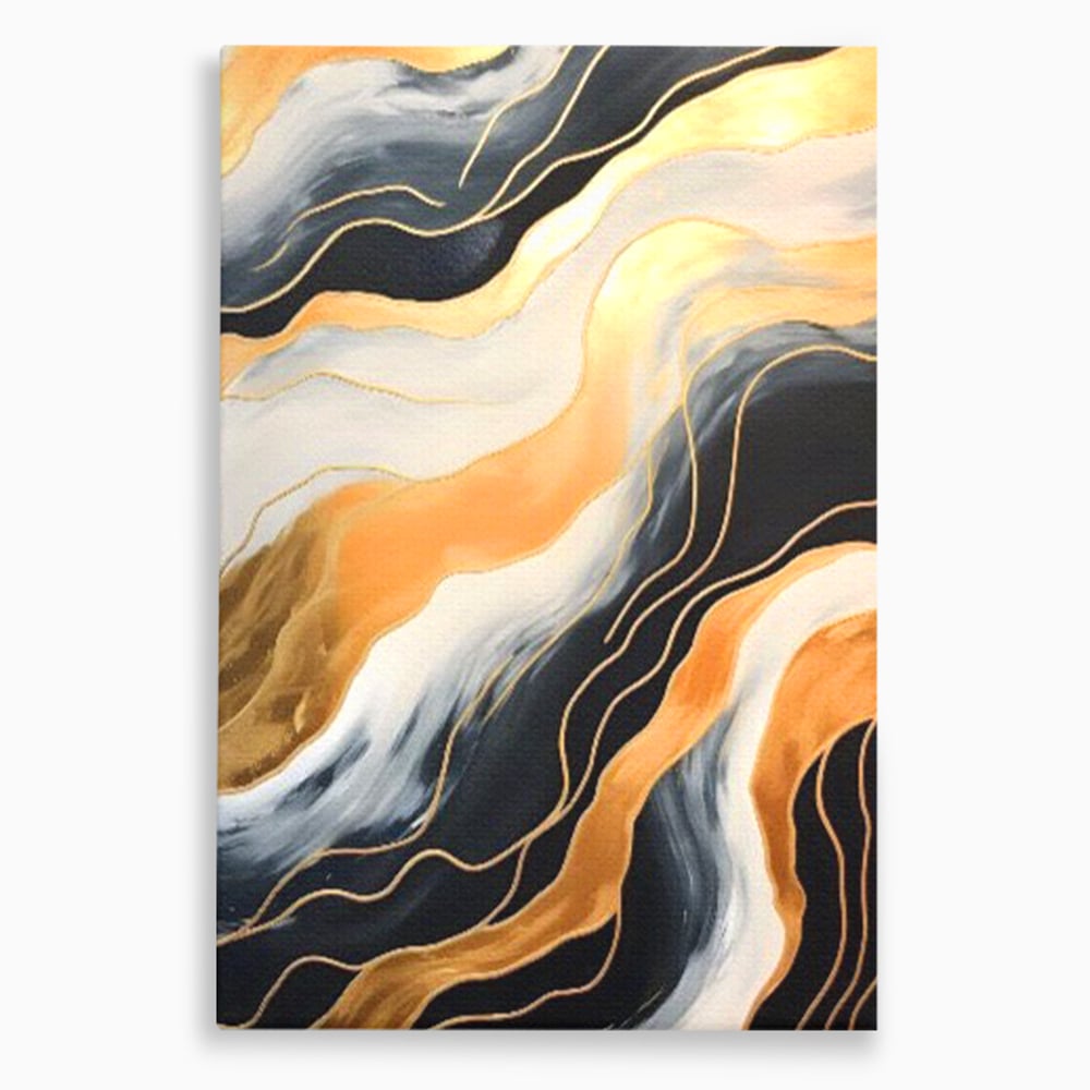 Tablou canvas cu pictura abstracta cu valuri aurii, fara rama, pe sasiu de lemn