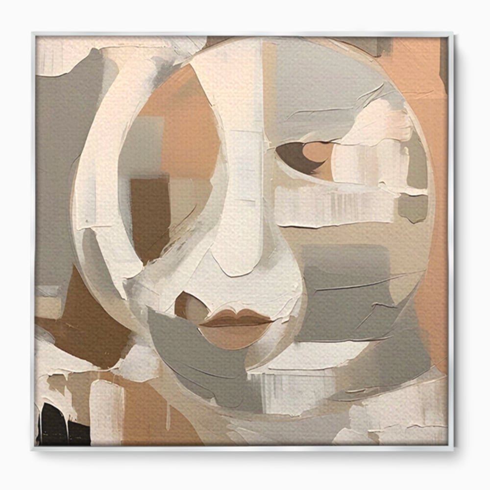 Tablou canvas cu pictura abstracta cu chip stilizat si buze, in rama de aluminiu argintiu