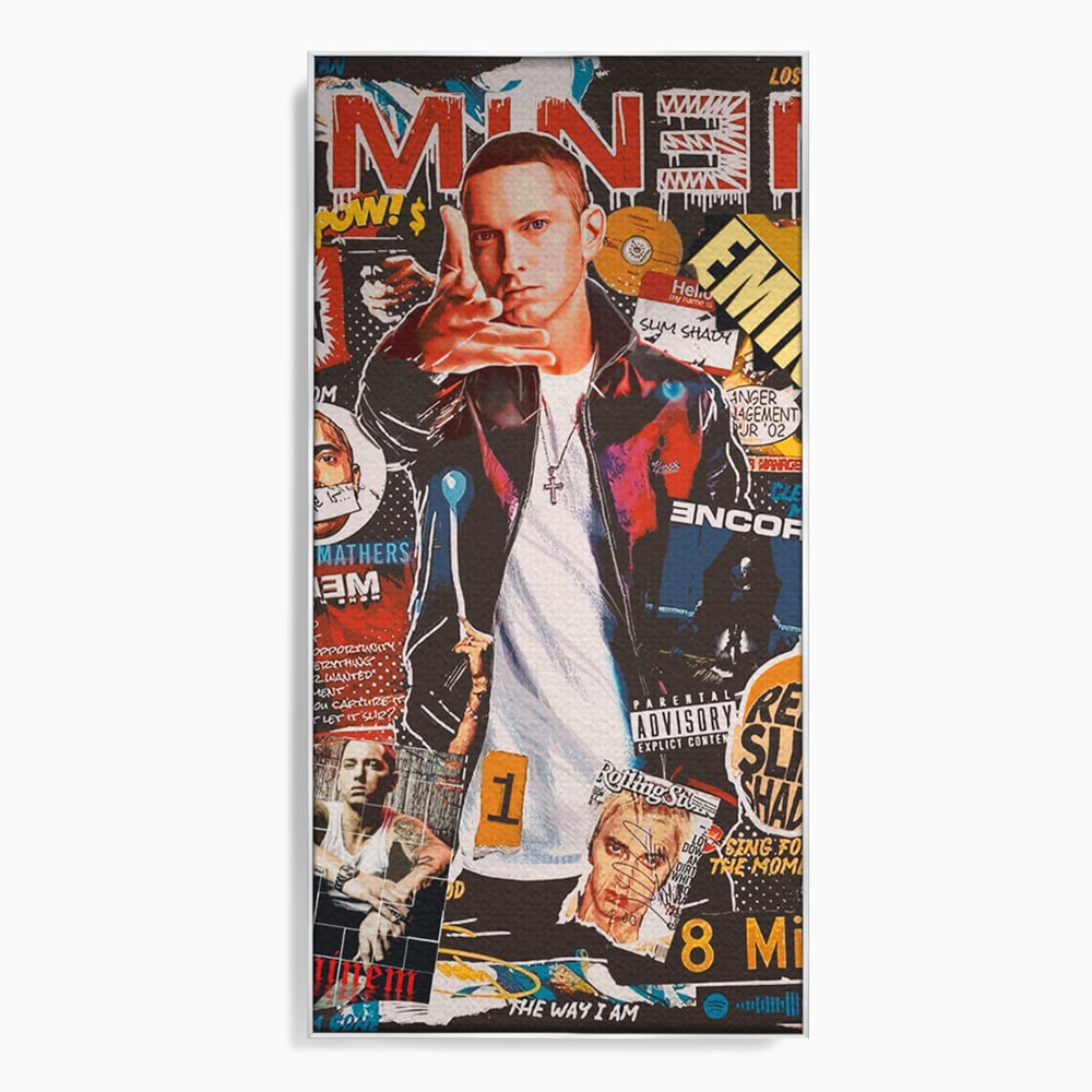 Tablou canvas cu tablou canvas cu eminem si colaj hip-hop, in rama de aluminiu argintiu