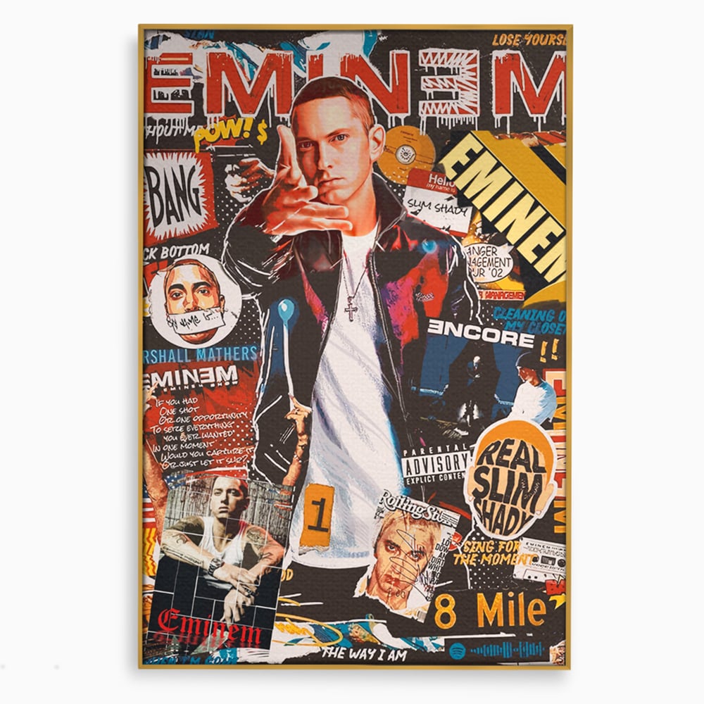Tablou canvas cu tablou canvas cu eminem si colaj hip-hop, in rama de aluminiu auriu