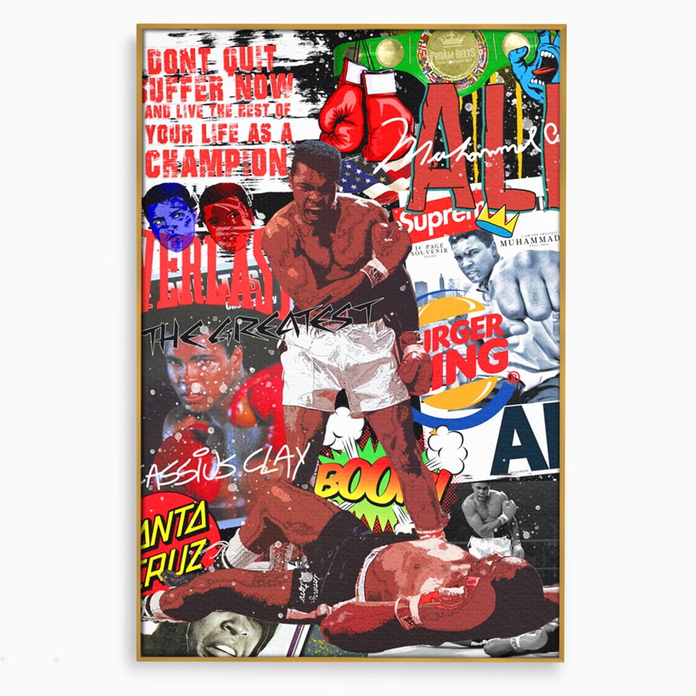 Tablou canvas cu tablou canvas cu muhammad ali in box, in rama de aluminiu auriu
