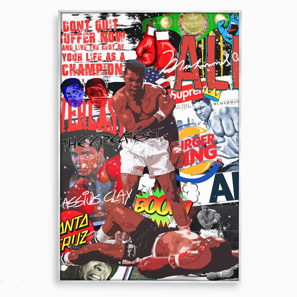 Tablou canvas cu tablou canvas cu muhammad ali in box, in rama de aluminiu argintiu