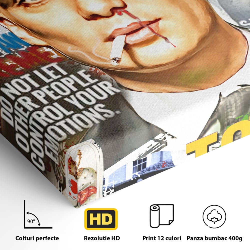 Detaliu al suprafetei: tablou canvas cu portretul lui tommy shelby, fara rama, pe sasiu de lemn