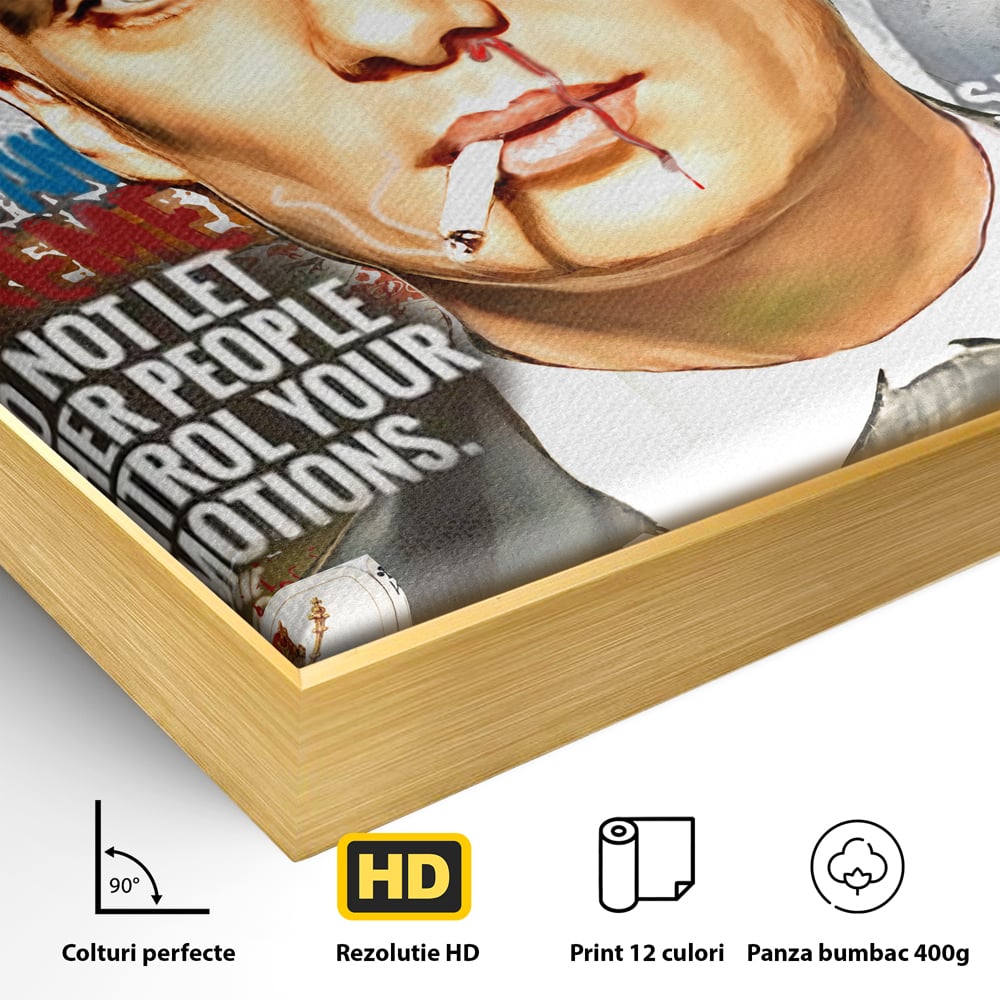 Detaliu al suprafetei: tablou canvas cu portretul lui tommy shelby, in rama de aluminiu auriu