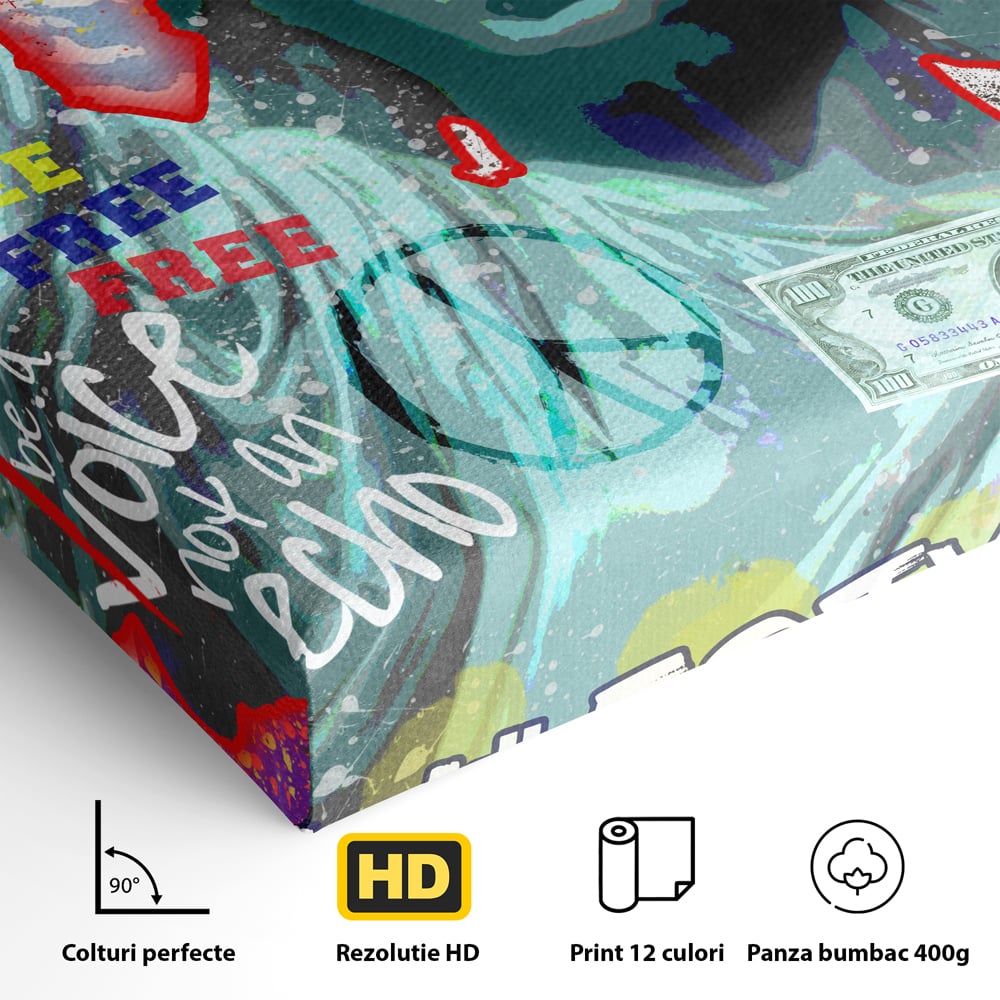 Detaliu al suprafetei: tablou canvas cu statuia libertatii si graffiti, fara rama, pe sasiu de lemn