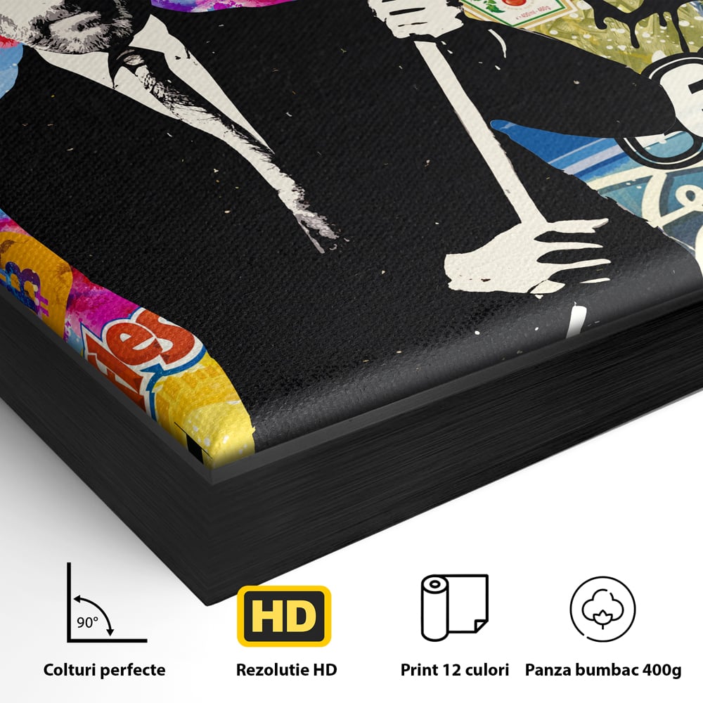 Detaliu al suprafetei: tablou canvas cu portretul lui steve jobs, in rama de aluminiu negru