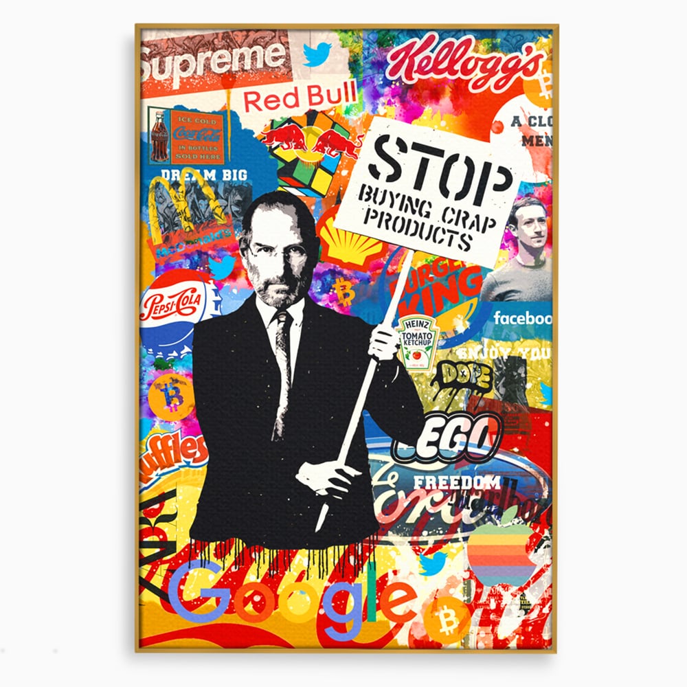 Tablou canvas cu tablou canvas cu portretul lui steve jobs, in rama de aluminiu auriu