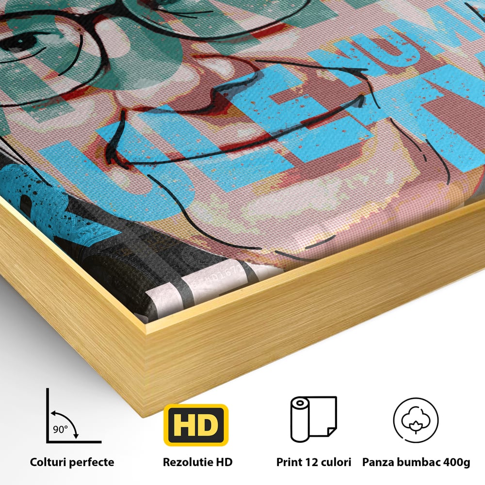 Detaliu al suprafetei: tablou canvas cu portretul stilizat al lui warren buffett, in rama de aluminiu auriu