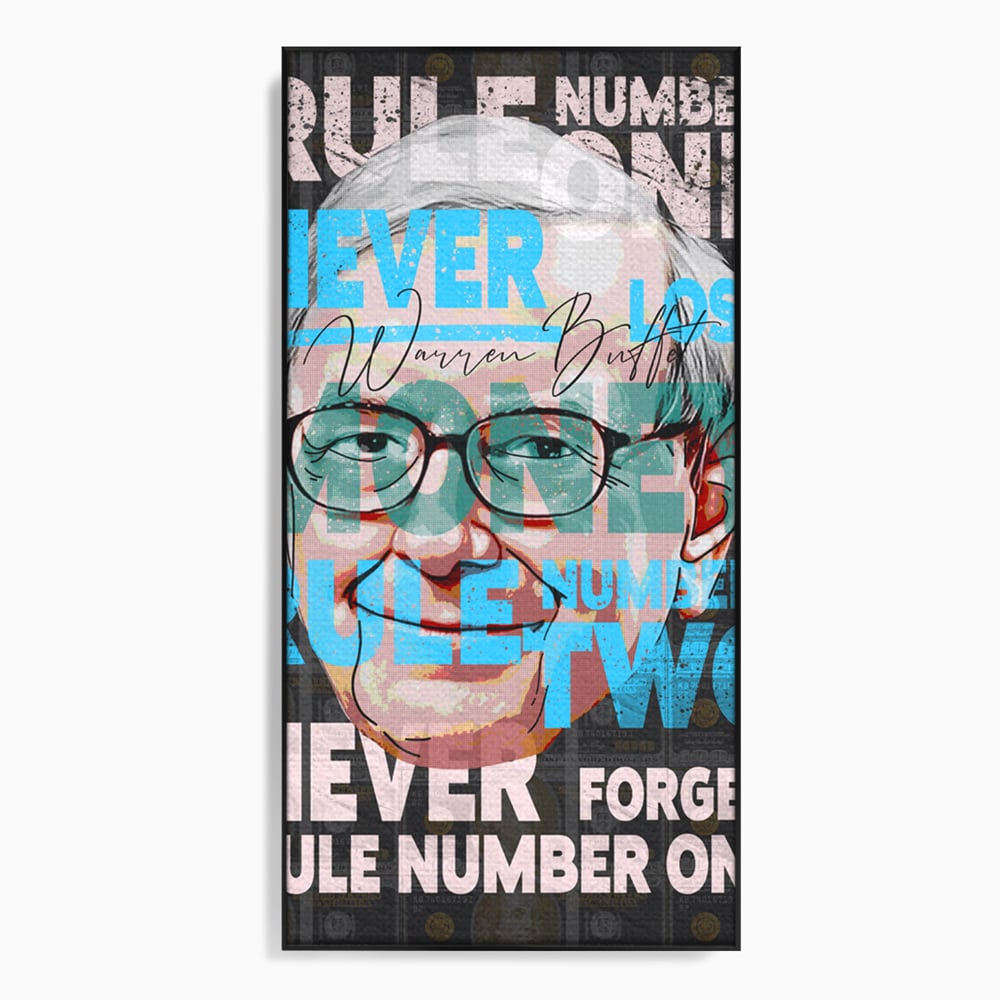 Tablou canvas cu tablou canvas cu portretul stilizat al lui warren buffett, in rama de aluminiu negru