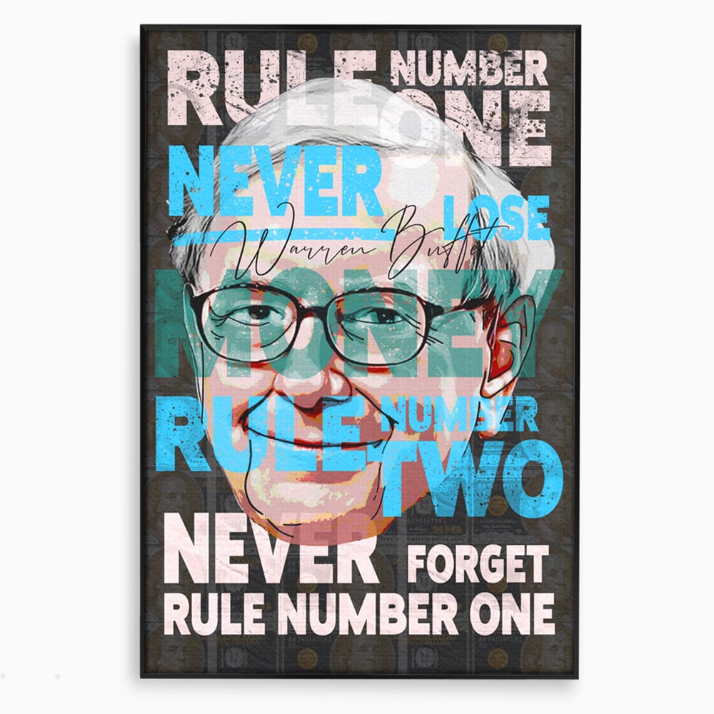 Tablou canvas cu tablou canvas cu portretul stilizat al lui warren buffett, in rama de aluminiu negru