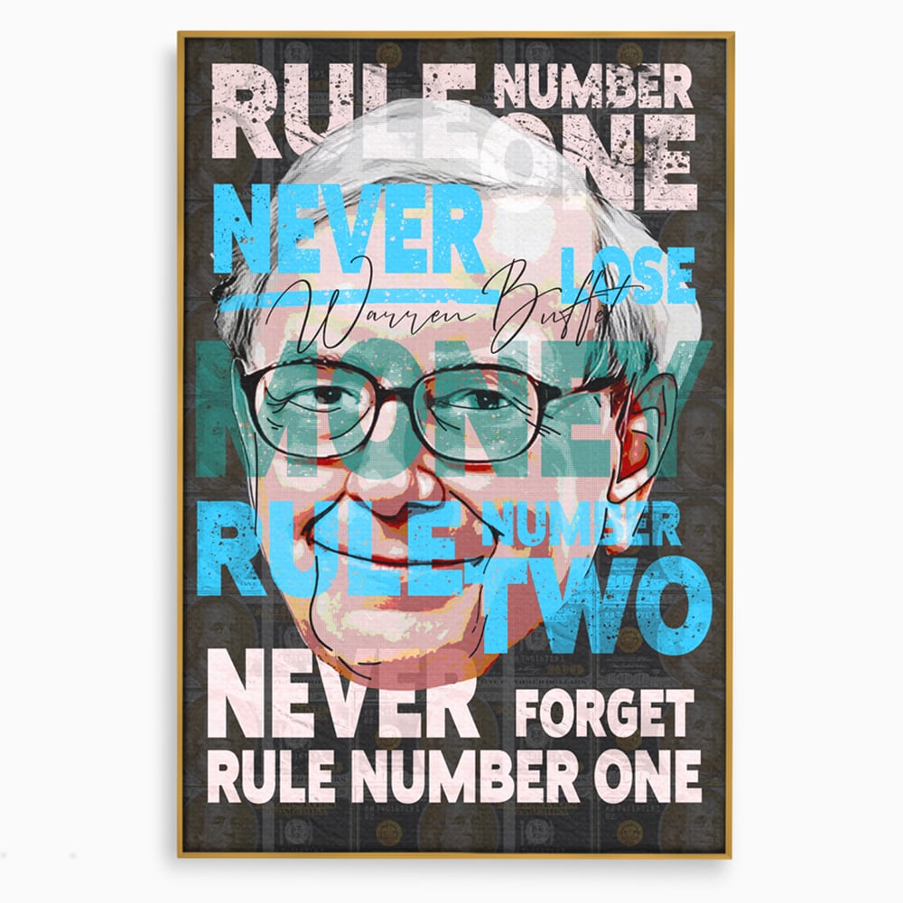 Tablou canvas cu tablou canvas cu portretul stilizat al lui warren buffett, in rama de aluminiu auriu