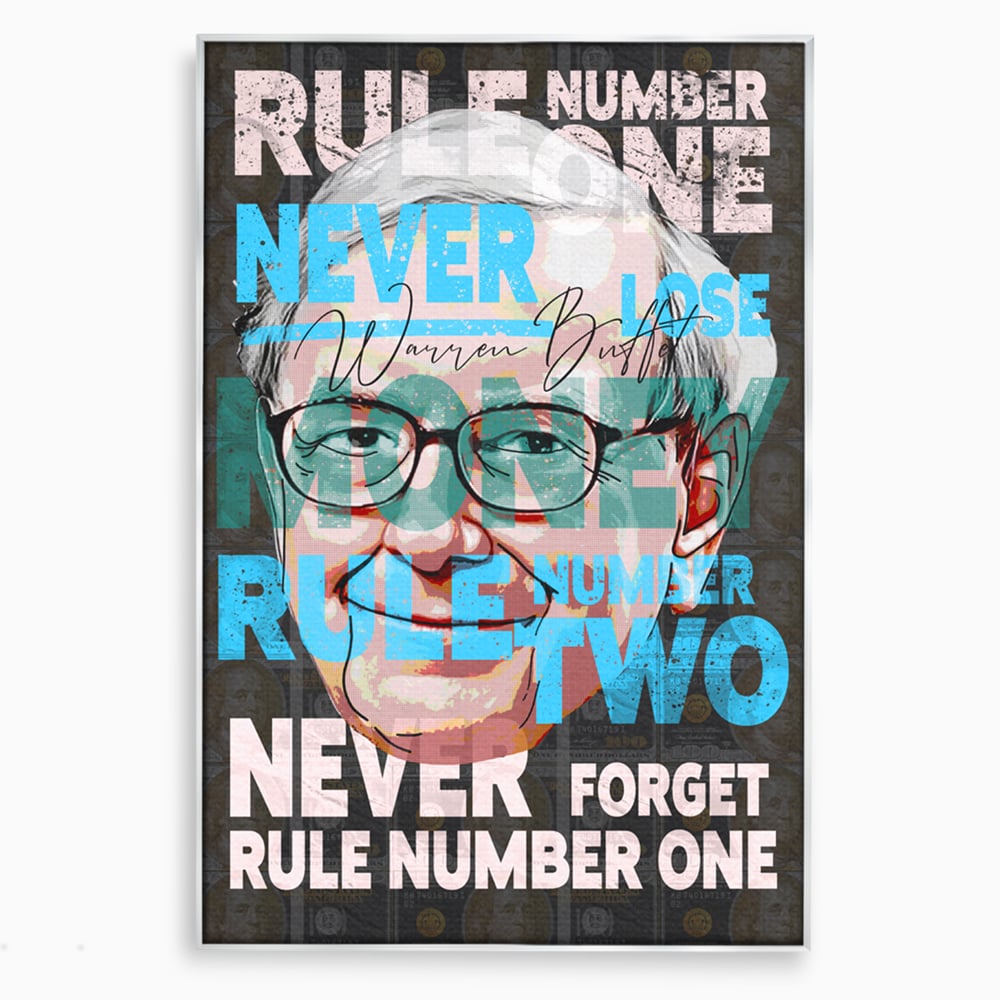 Tablou canvas cu tablou canvas cu portretul stilizat al lui warren buffett, in rama de aluminiu argintiu