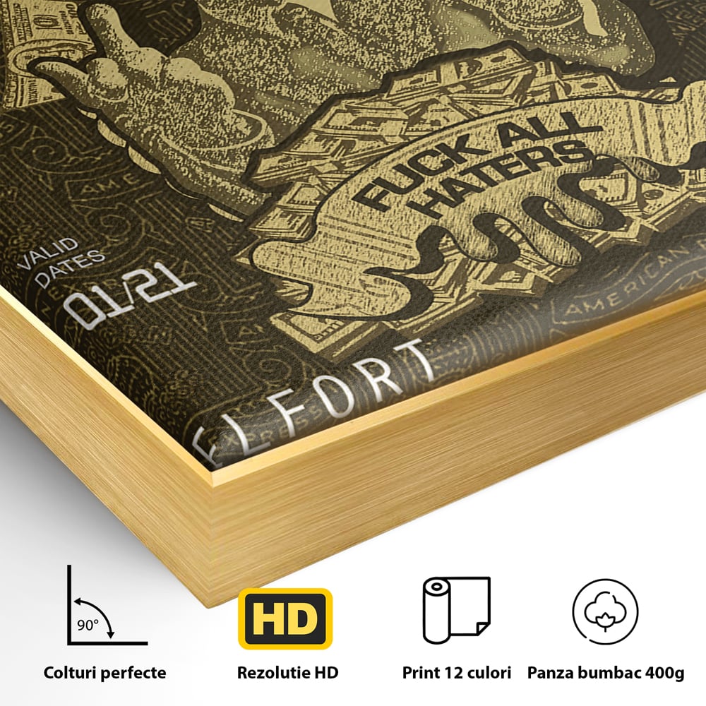 Detaliu al suprafetei: tablou canvas cu card american express stilizat, in rama de aluminiu auriu