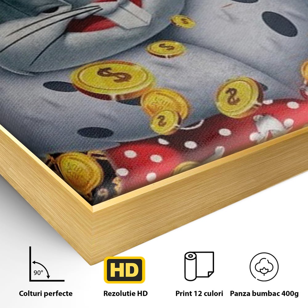 Detaliu al suprafetei: tablou canvas cu bugs bunny rege, in rama de aluminiu auriu