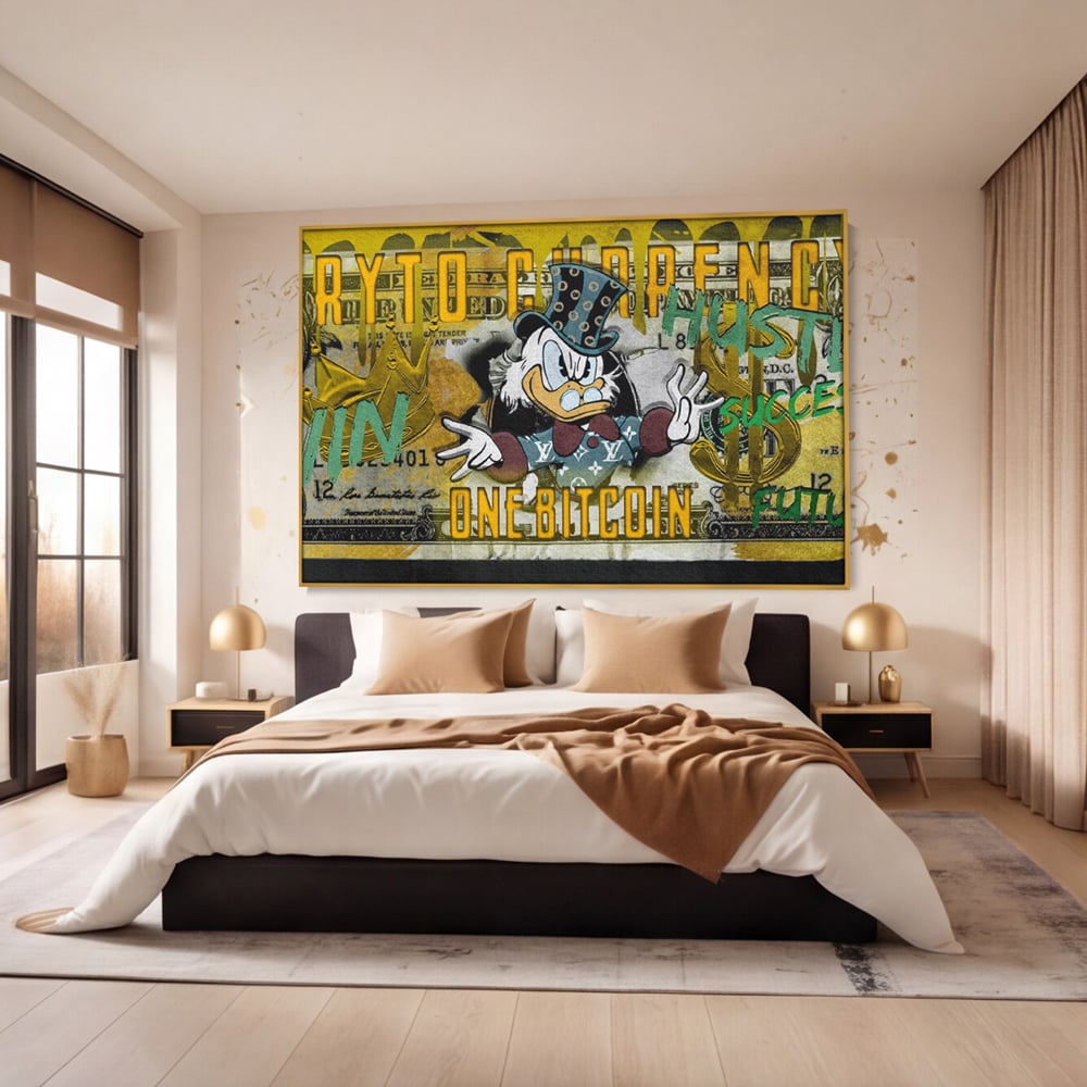 Tablou canvas cu tablou canvas cu donald duck si bitcoin, in rama de aluminiu auriu, pe perete intr-un dormitor