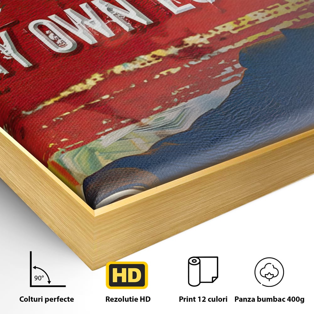 Detaliu al suprafetei: tablou canvas cu harvey specter si bancnote, in rama de aluminiu auriu