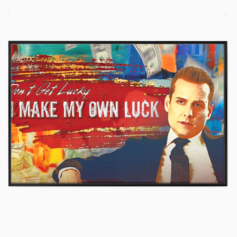 Tablou canvas cu tablou canvas cu harvey specter si bancnote, in rama de aluminiu negru