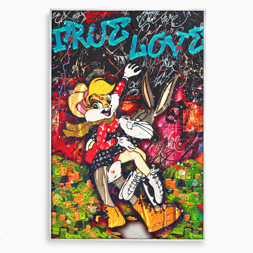 Tablou canvas cu tablou canvas cu lola bunny si bugs bunny, in rama de aluminiu argintiu