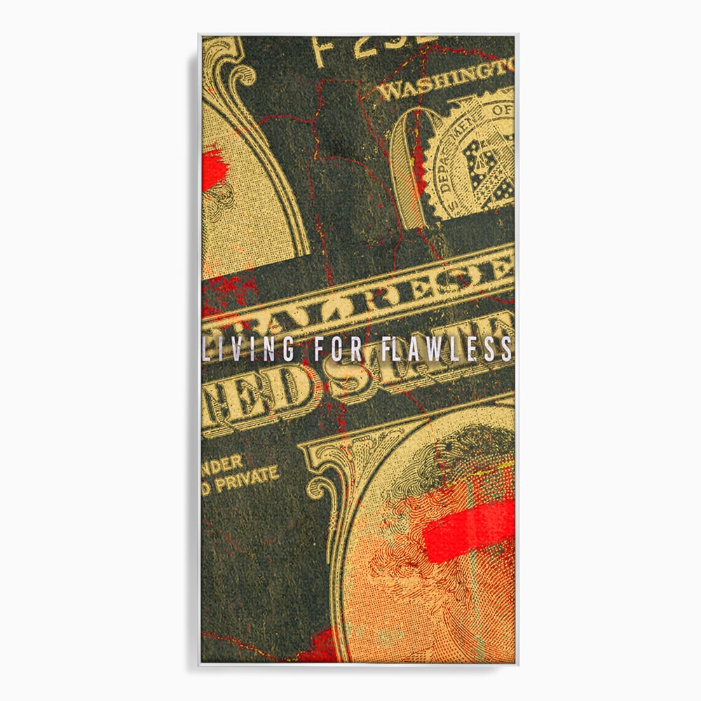 Tablou canvas cu tablou canvas cu grafica bancnota stilizata, in rama de aluminiu argintiu