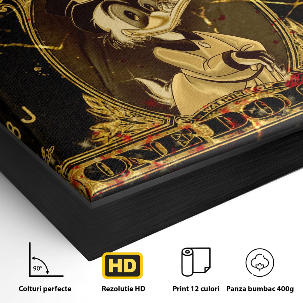 Detaliu al suprafetei: tablou canvas cu donald duck si bancnota de un dolar, in rama de aluminiu negru