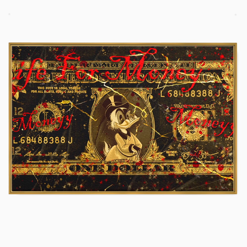Tablou canvas cu tablou canvas cu donald duck si bancnota de un dolar, in rama de aluminiu auriu