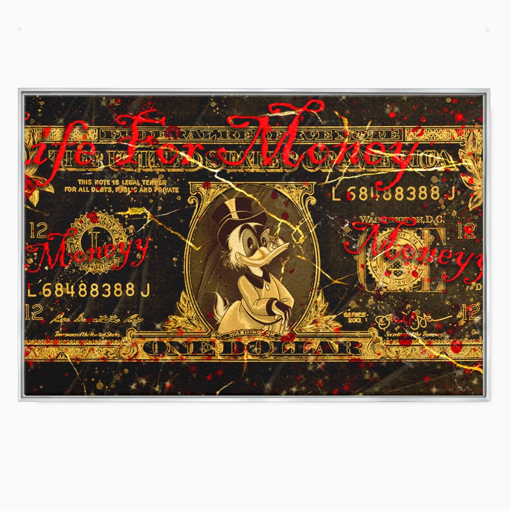 Tablou canvas cu tablou canvas cu donald duck si bancnota de un dolar, in rama de aluminiu argintiu