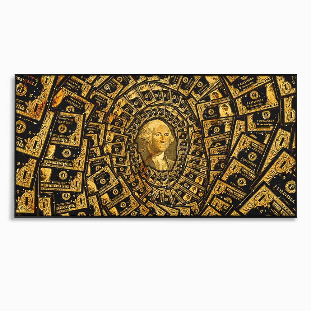 Tablou canvas cu tablou canvas cu portretul lui george washington si dolari, in rama de aluminiu negru