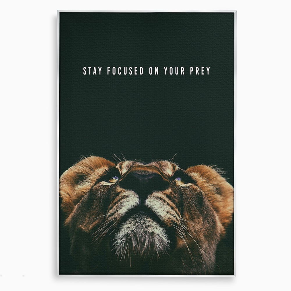 Tablou canvas cu tablou canvas cu leu si mesaj motivational, in rama de aluminiu argintiu