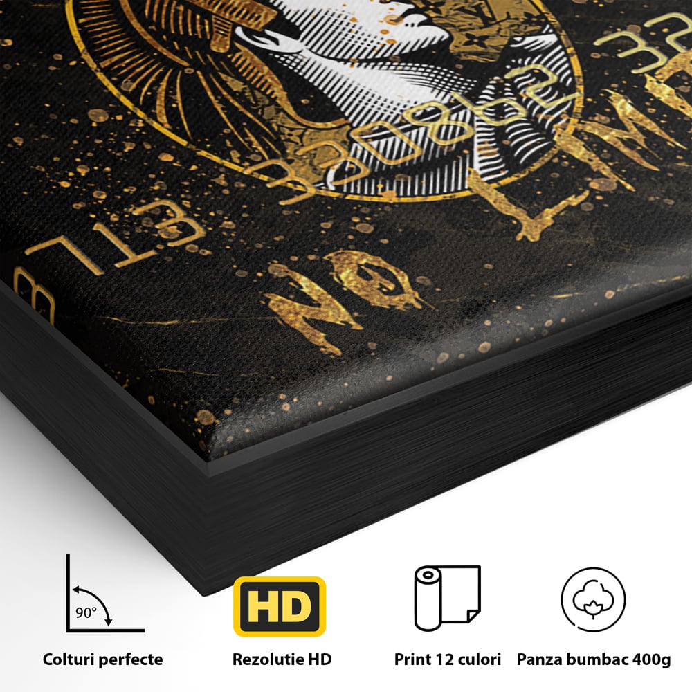 Detaliu al suprafetei: tablou canvas cu card bancar, in rama de aluminiu negru