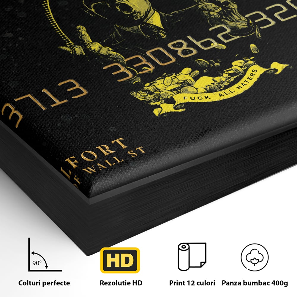 Detaliu al suprafetei: tablou canvas cu card bancar auriu, in rama de aluminiu negru