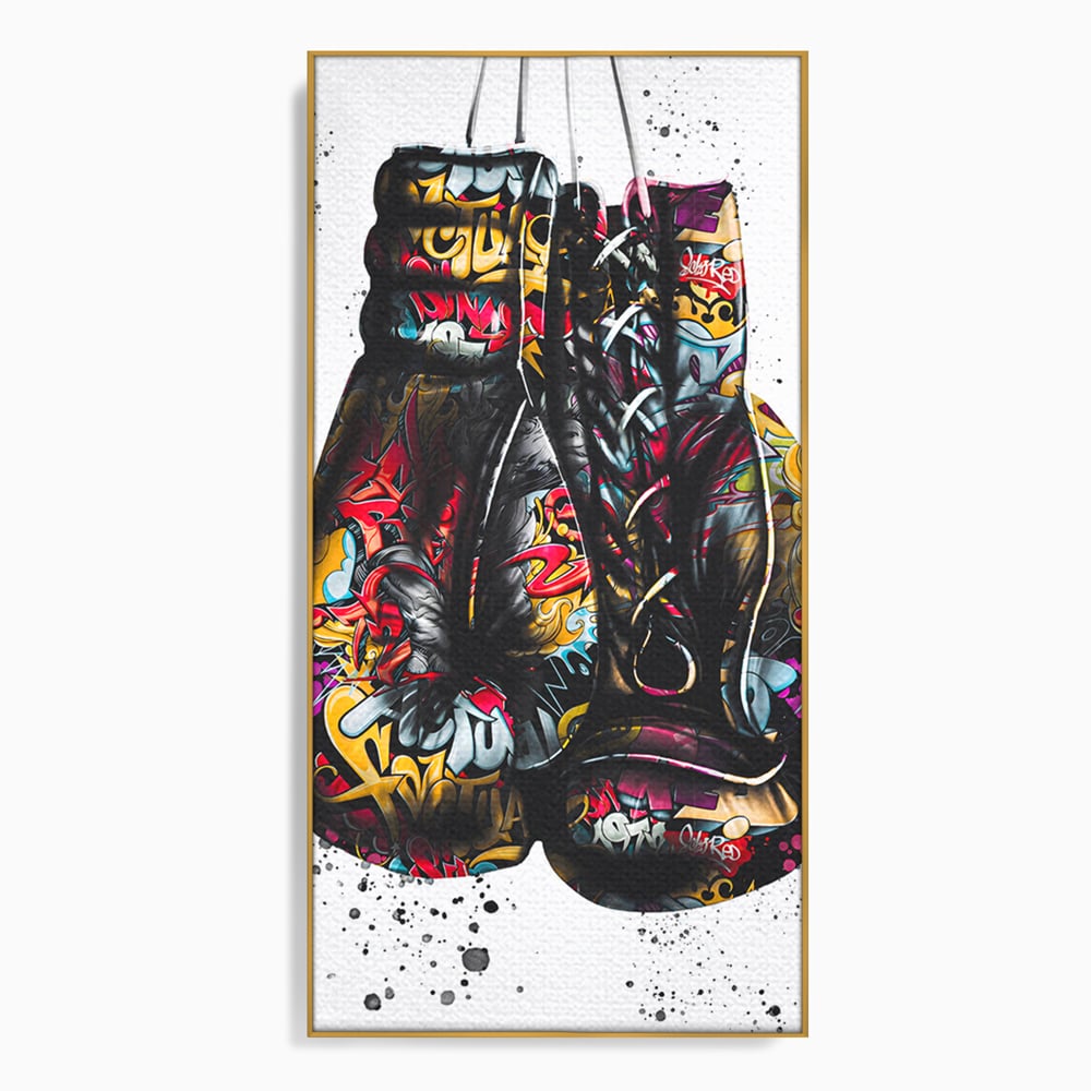 Tablou canvas cu tablou canvas cu manusi de box, in rama de aluminiu auriu