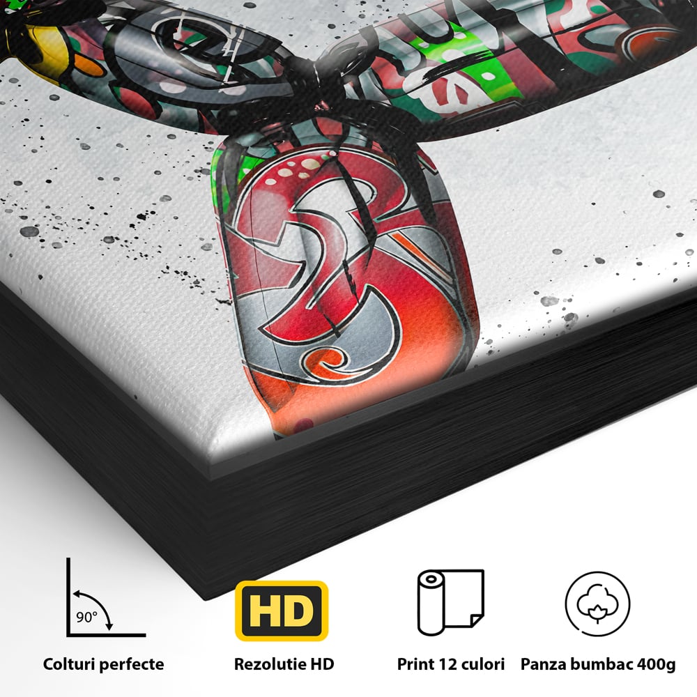 Detaliu al suprafetei: tablou canvas caine din baloane stil grafitti, in rama de aluminiu negru