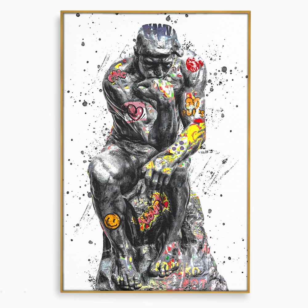 Tablou canvas cu tablou canvas cu statuia ganditorul, in rama de aluminiu auriu