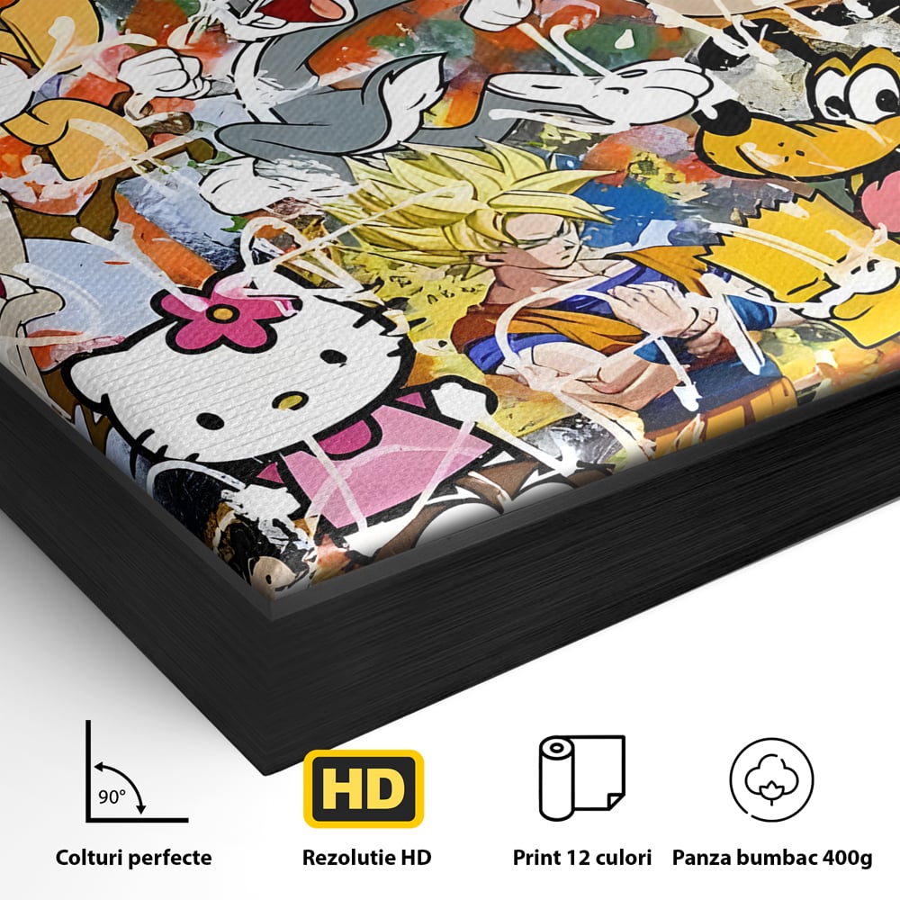 Detaliu al suprafetei: tablou canvas cu personaje din desene animate, in rama de aluminiu negru