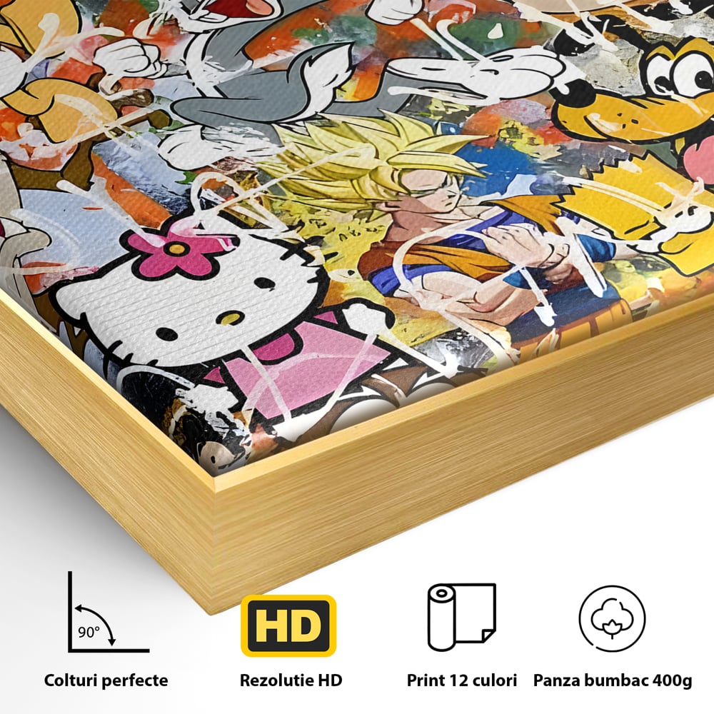 Detaliu al suprafetei: tablou canvas cu personaje din desene animate, in rama de aluminiu auriu