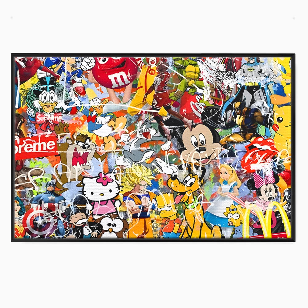 Tablou canvas cu tablou canvas cu personaje din desene animate, in rama de aluminiu negru