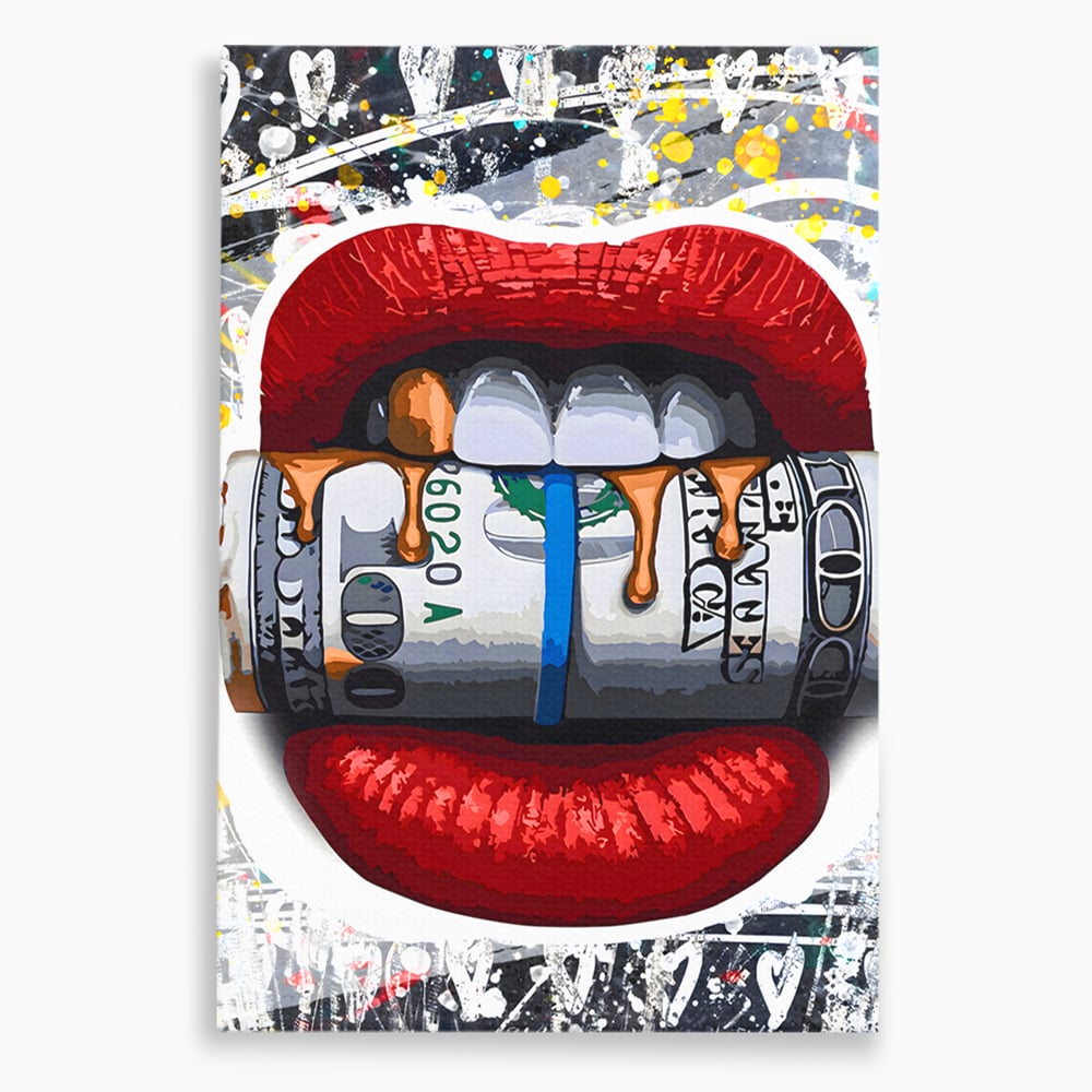 Tablou canvas cu ilustratie digitala buze rosii cu bani, fara rama, pe sasiu de lemn
