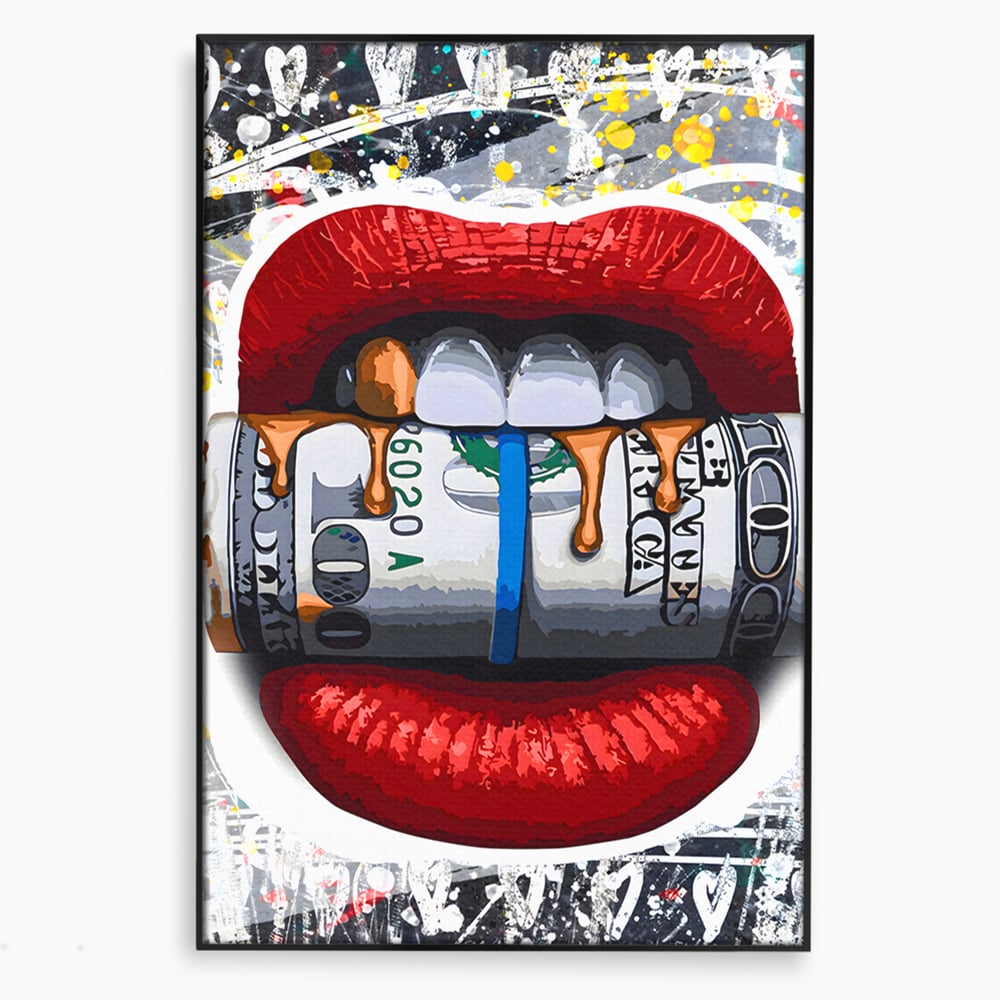 Tablou canvas cu ilustratie digitala buze rosii cu bani, in rama de aluminiu negru