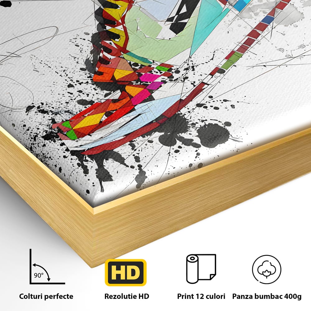 Detaliu al suprafetei: tablou canvas cu adidasa geometric colorat, in rama de aluminiu auriu