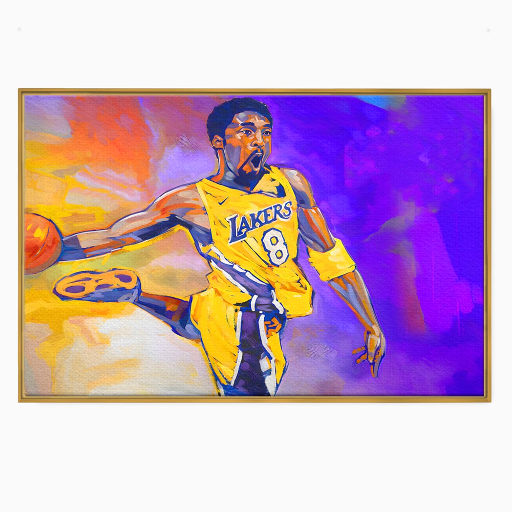 Tablou canvas cu pictura cu baschetbalistul kobe bryant, in rama de aluminiu auriu