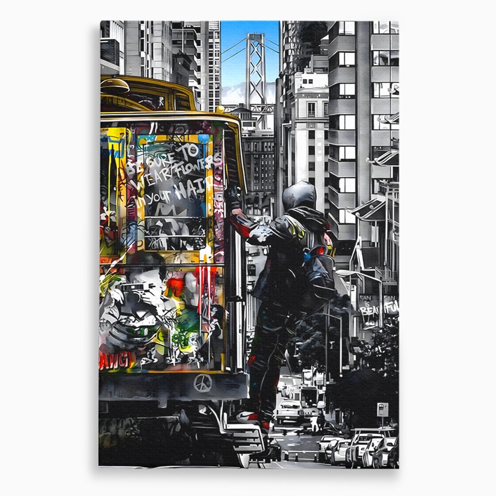 Tablou canvas cu ilustratie urbana cu un tramvai si un calator, fara rama, pe sasiu de lemn