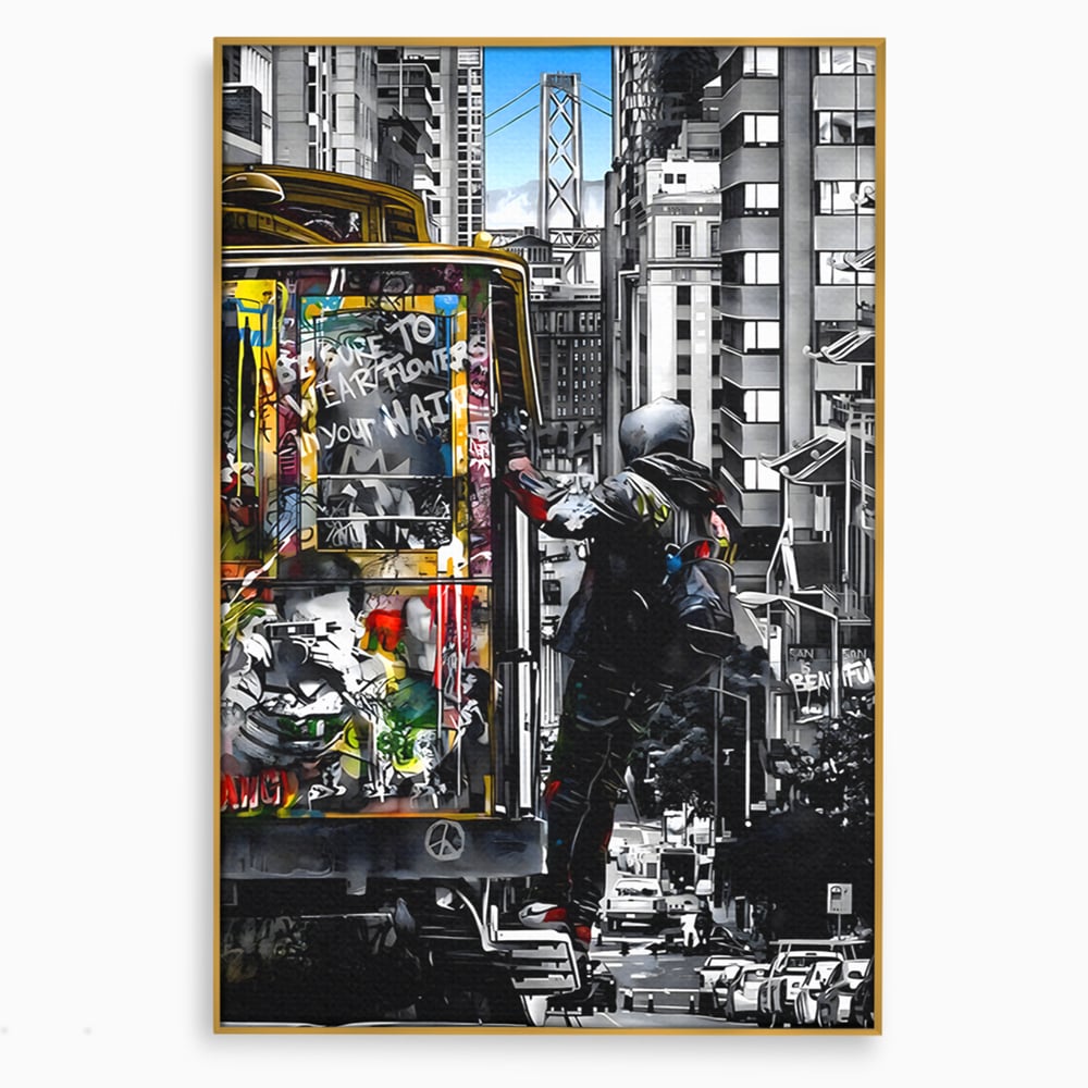 Tablou canvas cu ilustratie urbana cu un tramvai si un calator, in rama de aluminiu auriu
