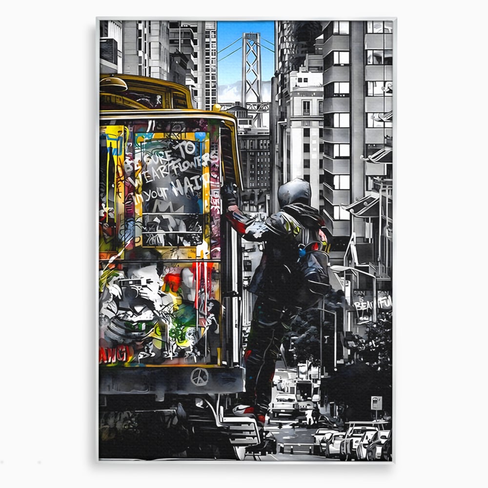 Tablou canvas cu ilustratie urbana cu un tramvai si un calator, in rama de aluminiu argintiu