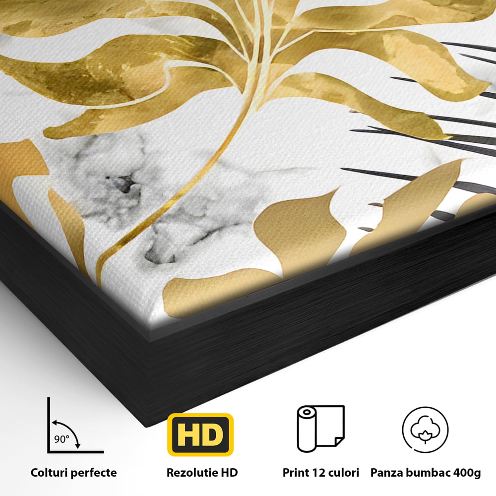 Detaliu al suprafetei: tablou canvas cu frunze tropicale, in rama de aluminiu negru