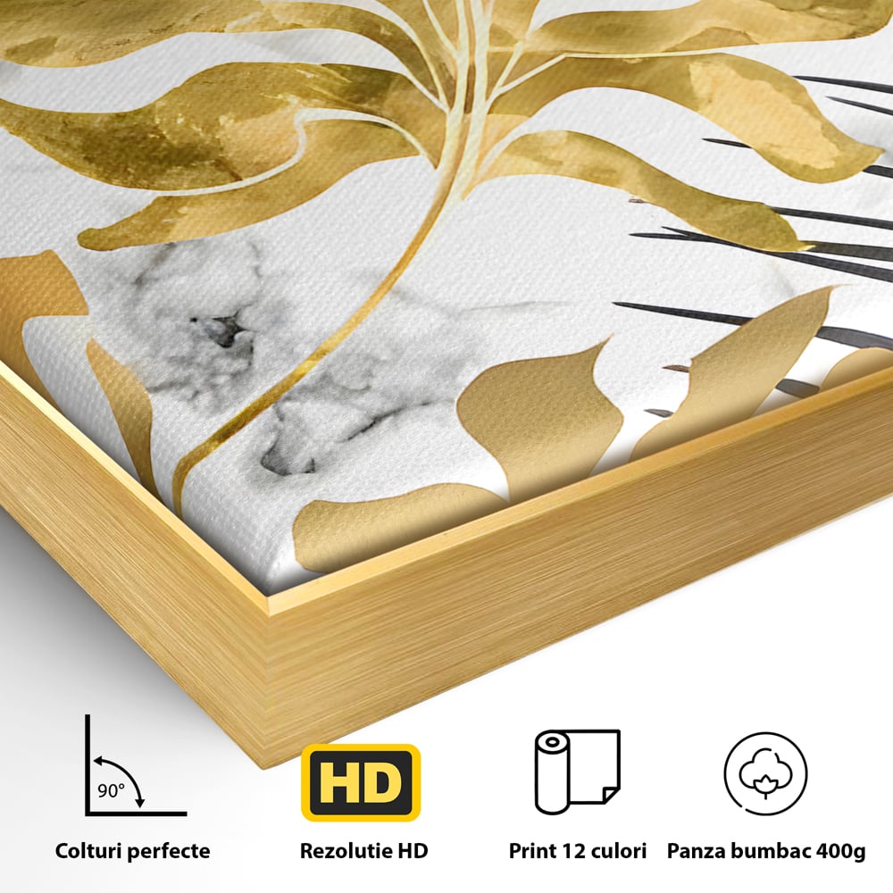 Detaliu al suprafetei: tablou canvas cu frunze tropicale, in rama de aluminiu auriu