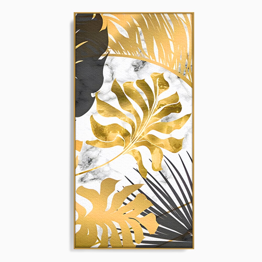 Tablou canvas cu tablou canvas cu frunze tropicale, in rama de aluminiu auriu