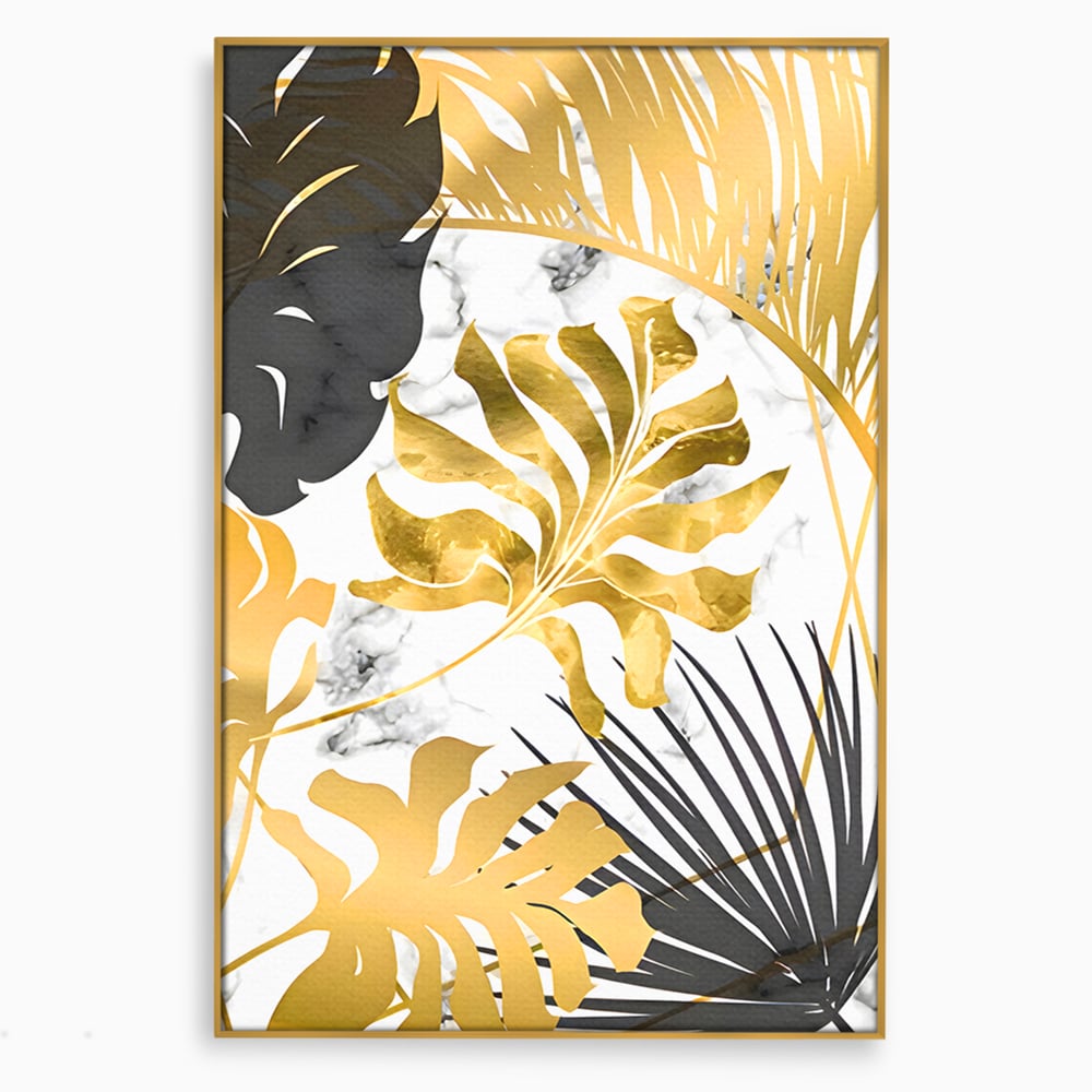 Tablou canvas cu tablou canvas cu frunze tropicale, in rama de aluminiu auriu